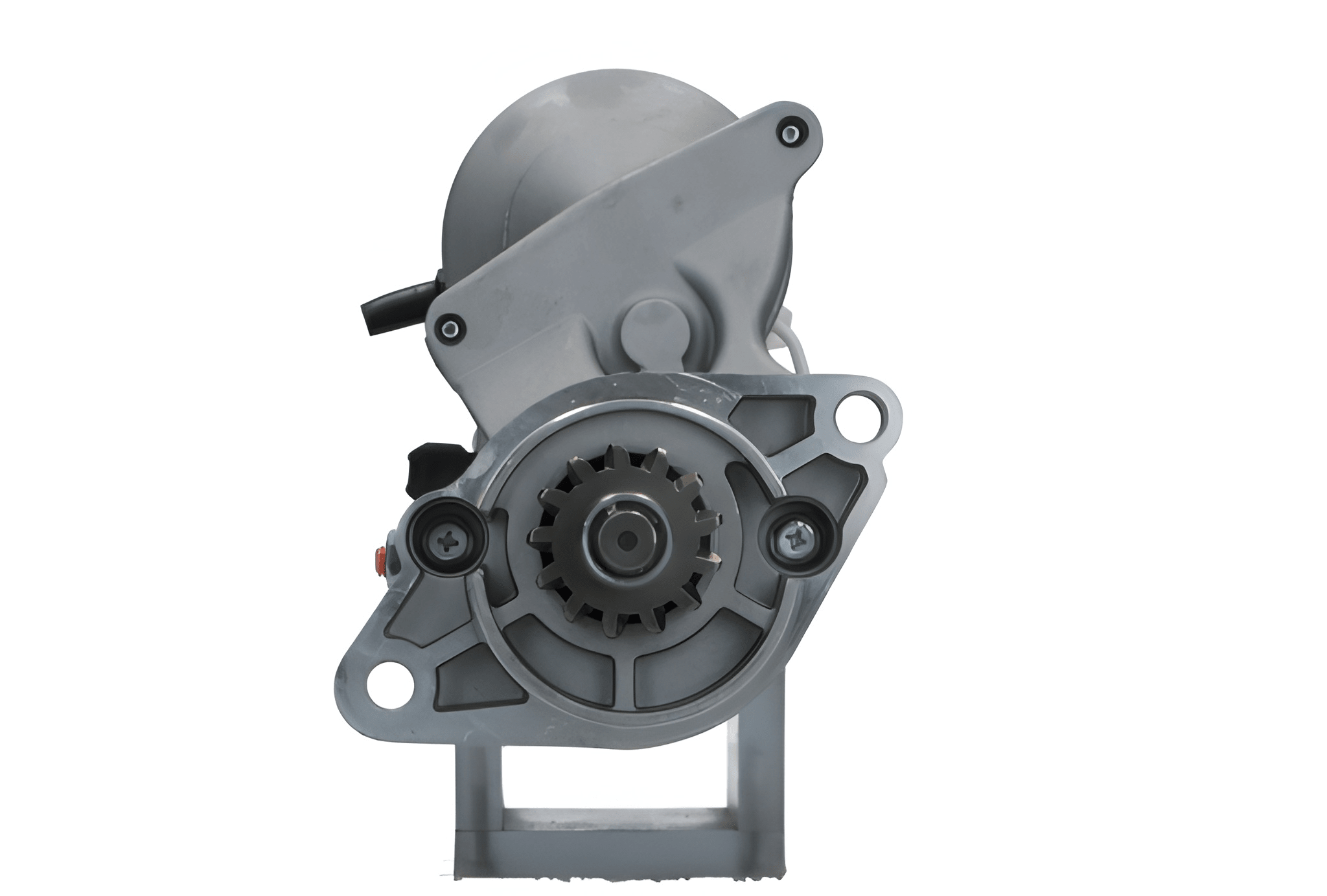 front view of A new 12V Kubota starter motor 1.4KW, showing a metallic body with wiring and a blue component on the side.