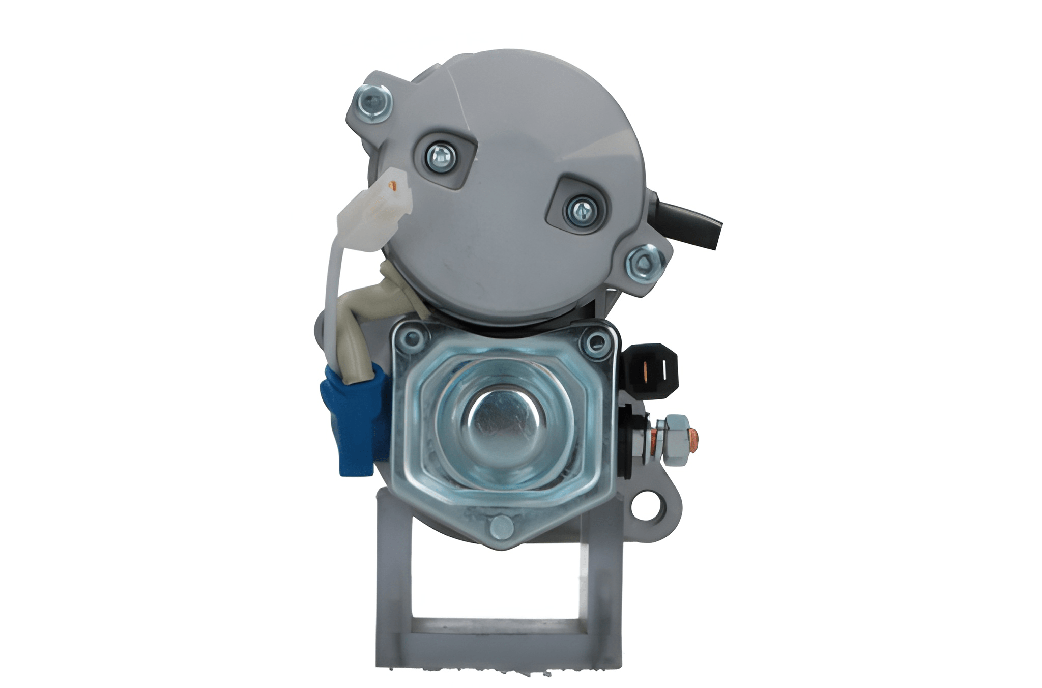 rear view of A new 12V Kubota starter motor 1.4KW, showing a metallic body with wiring and a blue component on the side.