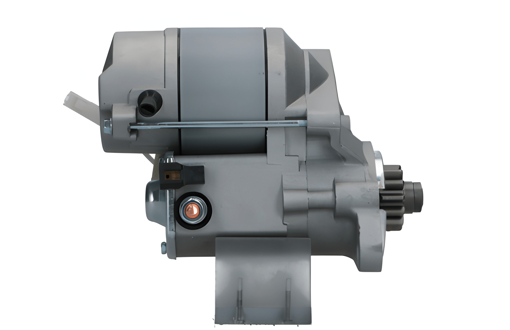side view of A new 12V Kubota starter motor 1.4KW, showing a metallic body with wiring and a blue component on the side.