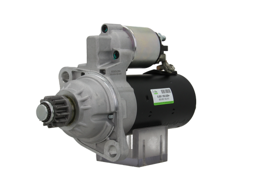 A new 12V starter motor 2.2KW for Volkswagen and MAN vehicles, displaying the exterior metal housing and electrical connectors.