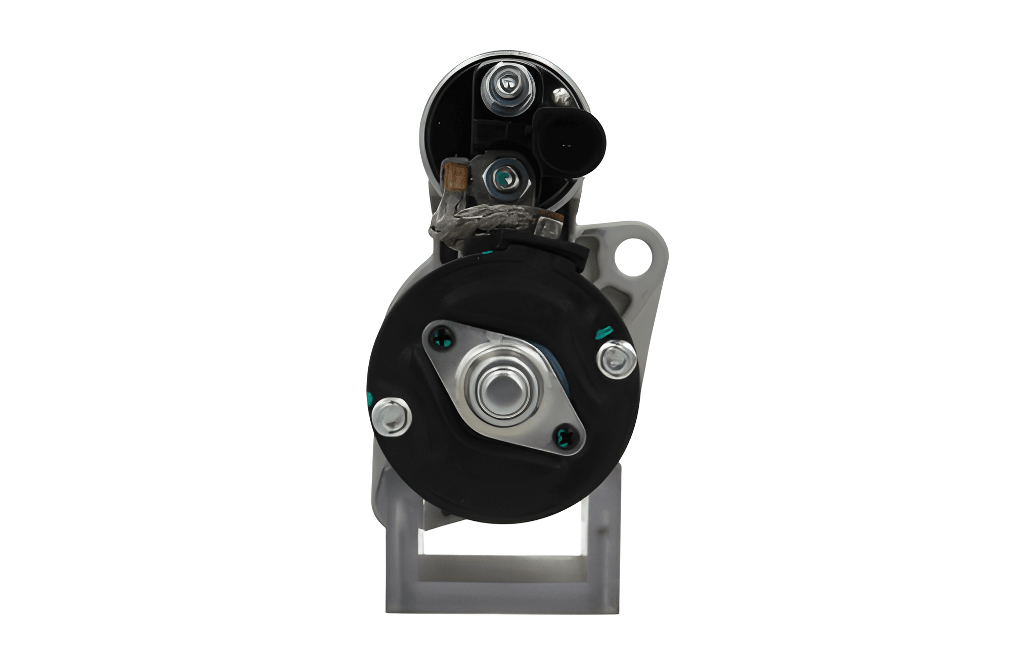 back view of A new 12V starter motor 2.2KW for Volkswagen and MAN vehicles, displaying the exterior metal housing and electrical connectors.