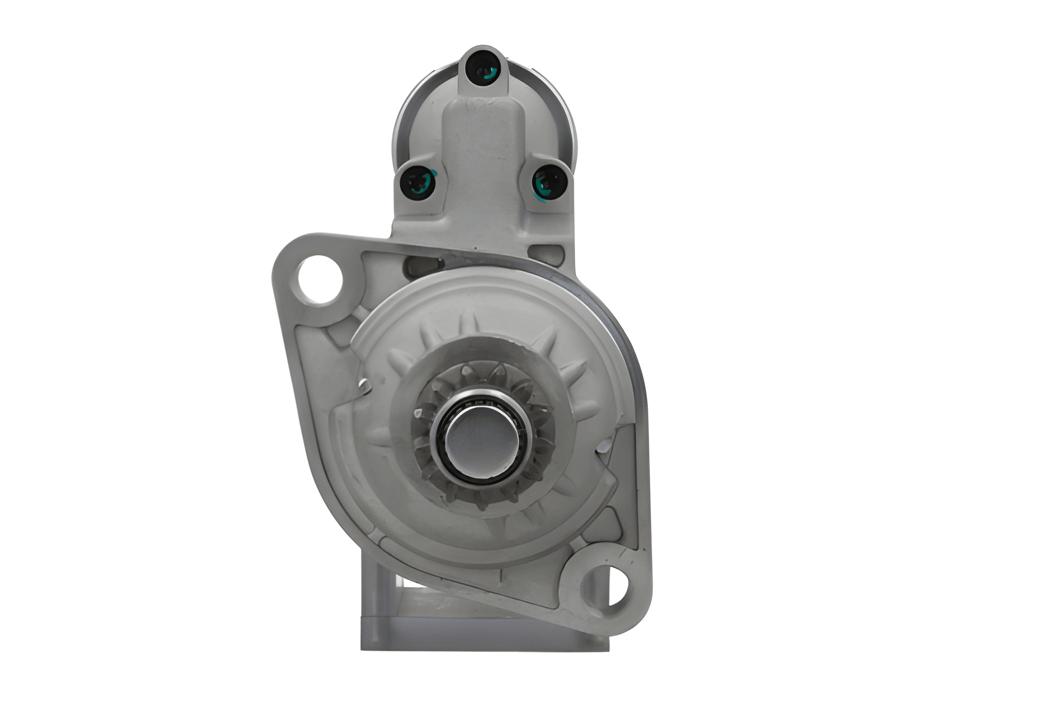 front view of A new 12V starter motor 2.2KW for Volkswagen and MAN vehicles, displaying the exterior metal housing and electrical connectors.
