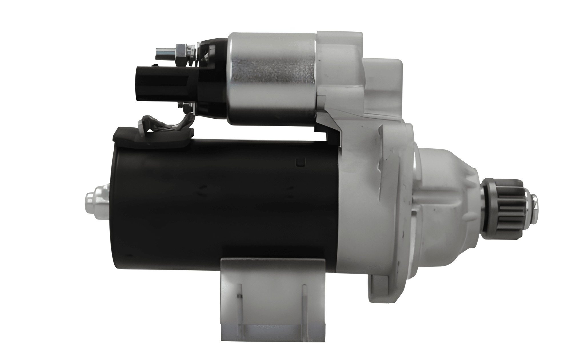 side view of A new 12V starter motor 2.2KW for Volkswagen and MAN vehicles, displaying the exterior metal housing and electrical connectors.