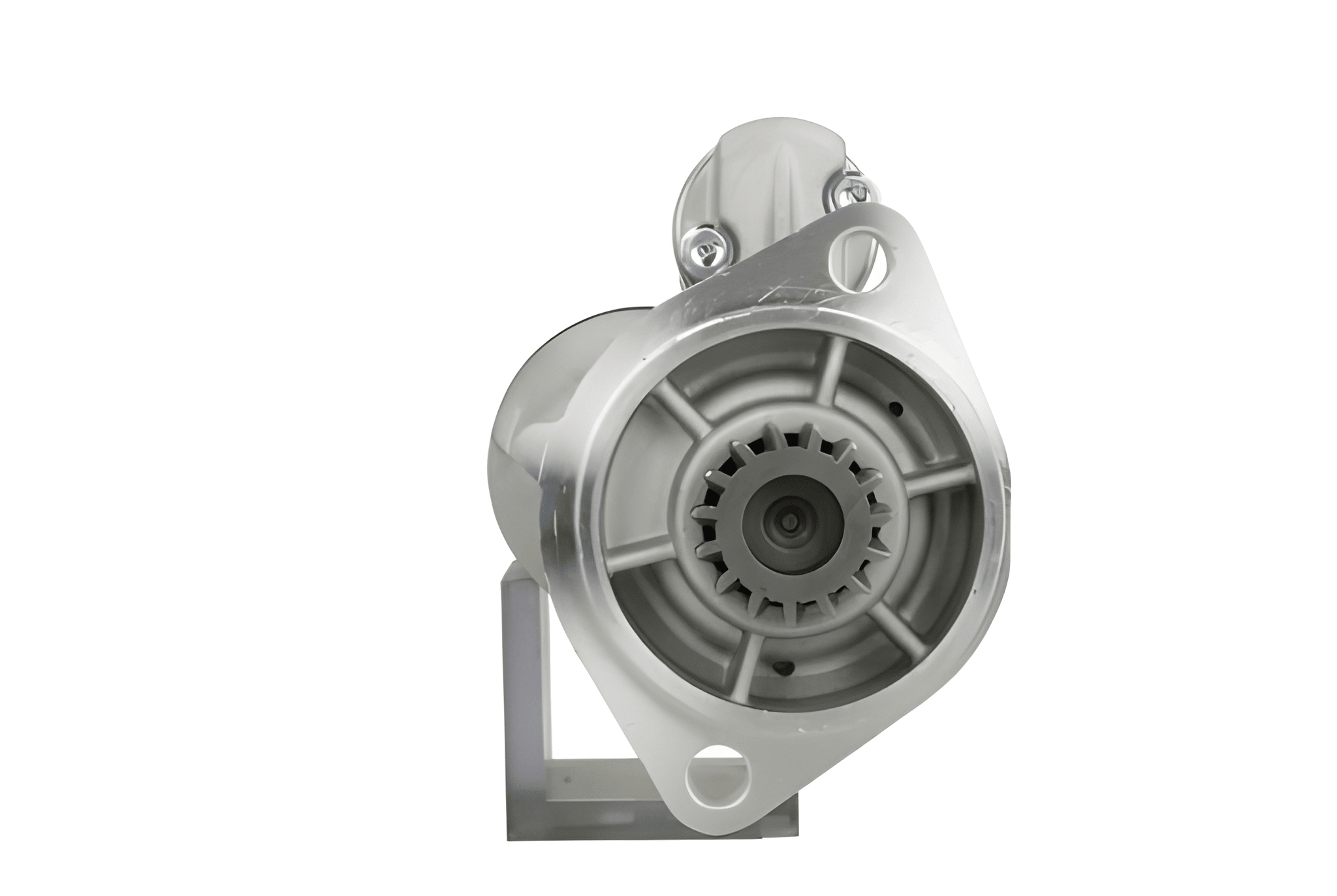 front view of A new Yanmar 12V starter motor with 2.2 kW power rating, 15 teeth displayed against a white background