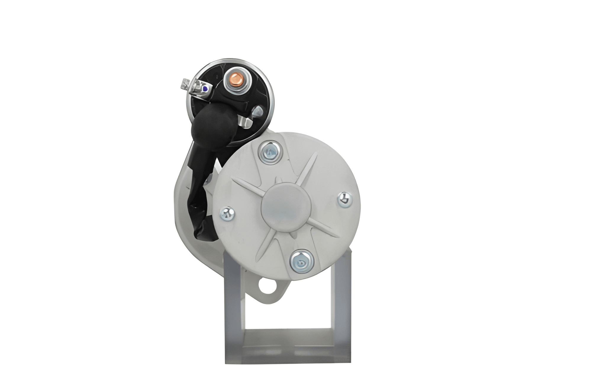 rear view of A new Yanmar 12V starter motor with 2.2 kW power rating, 15 teeth displayed against a white background