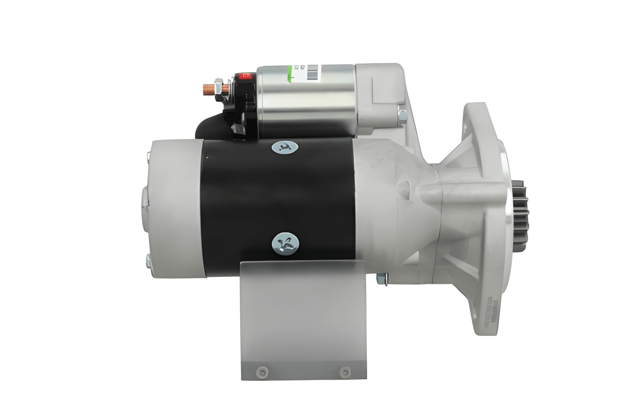 side view of A new Yanmar 12V starter motor with 2.2 kW power rating, 15 teeth displayed against a white background