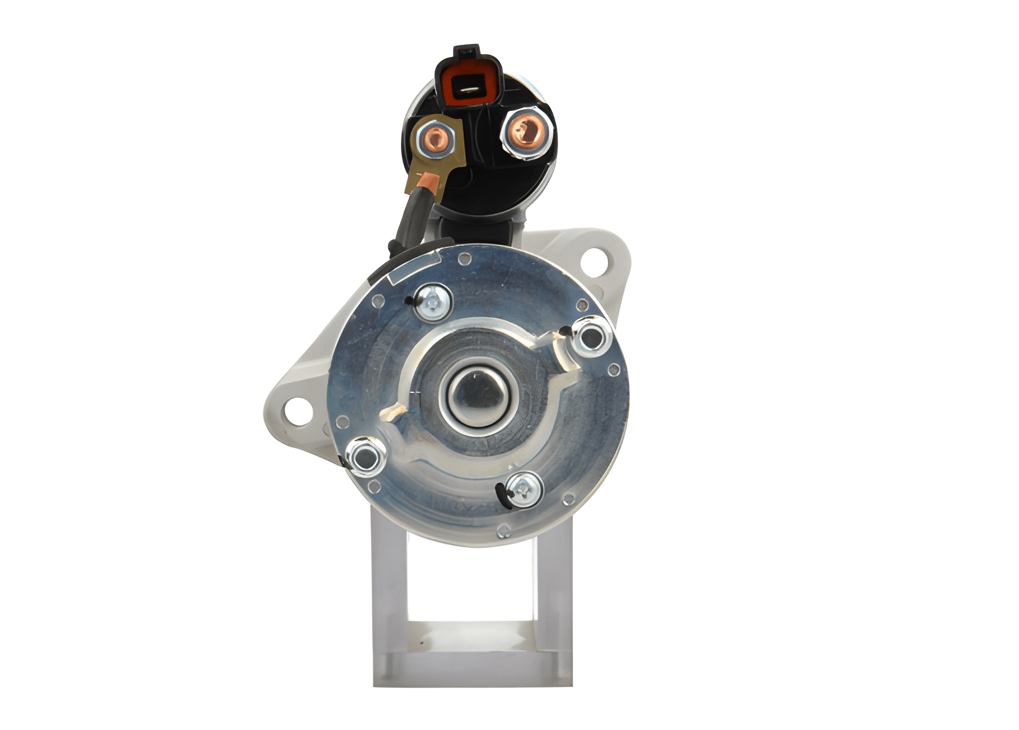 back of A new 12V starter motor with 8 teeth for Hyundai / Kia vehicles, with a metallic body and a label indicating 0.8 kw power.