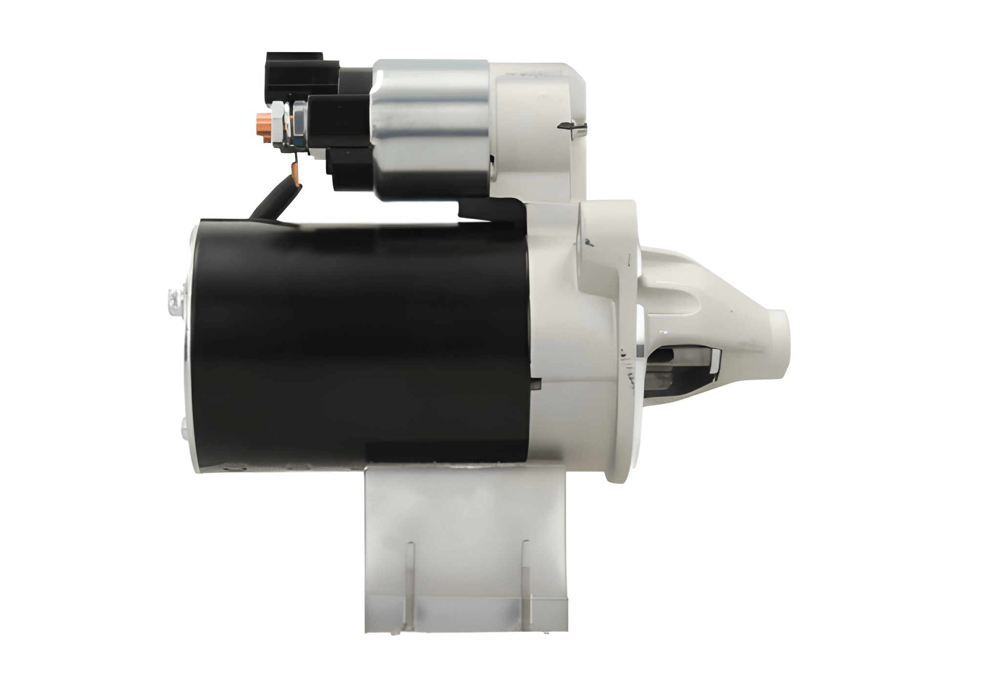 side view of A new 12V starter motor with 8 teeth for Hyundai / Kia vehicles, with a metallic body and a label indicating 0.8 kw power.