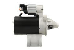 side view of A new 12V starter motor with 8 teeth for Hyundai / Kia vehicles, with a metallic body and a label indicating 0.8 kw power.