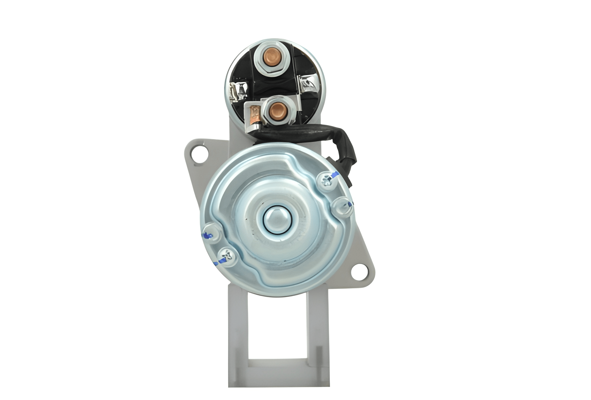 back view of A new 12V Kubota starter motor with a silver and black colour scheme, 8 teeth designed for 0.95 kW power output.