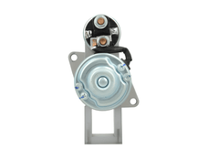back view of A new 12V Kubota starter motor with a silver and black colour scheme, 8 teeth designed for 0.95 kW power output.