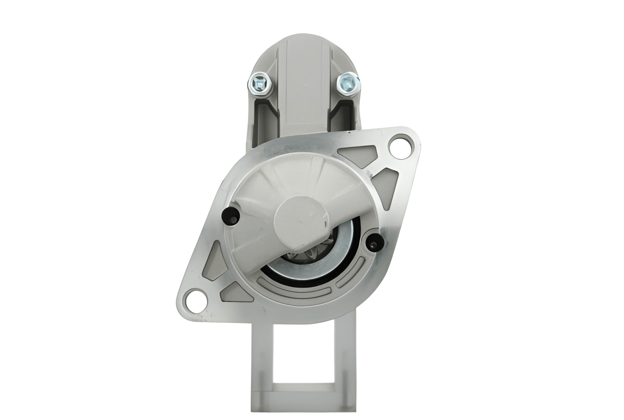 front view of A new 12V Kubota starter motor with a silver and black colour scheme, 8 teeth designed for 0.95 kW power output.