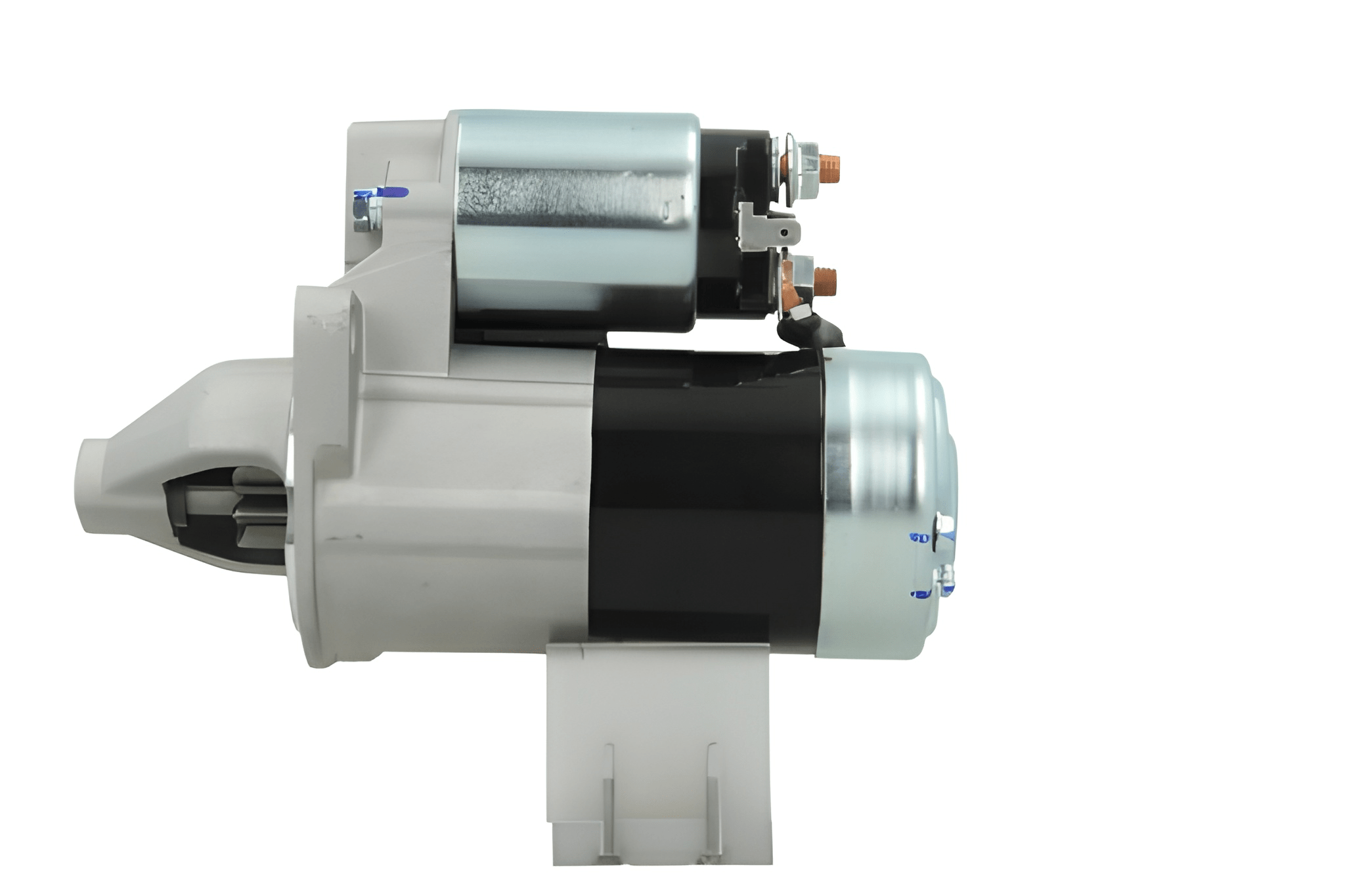 side view of A new 12V Kubota starter motor with a silver and black colour scheme, 8 teeth designed for 0.95 kW power output.
