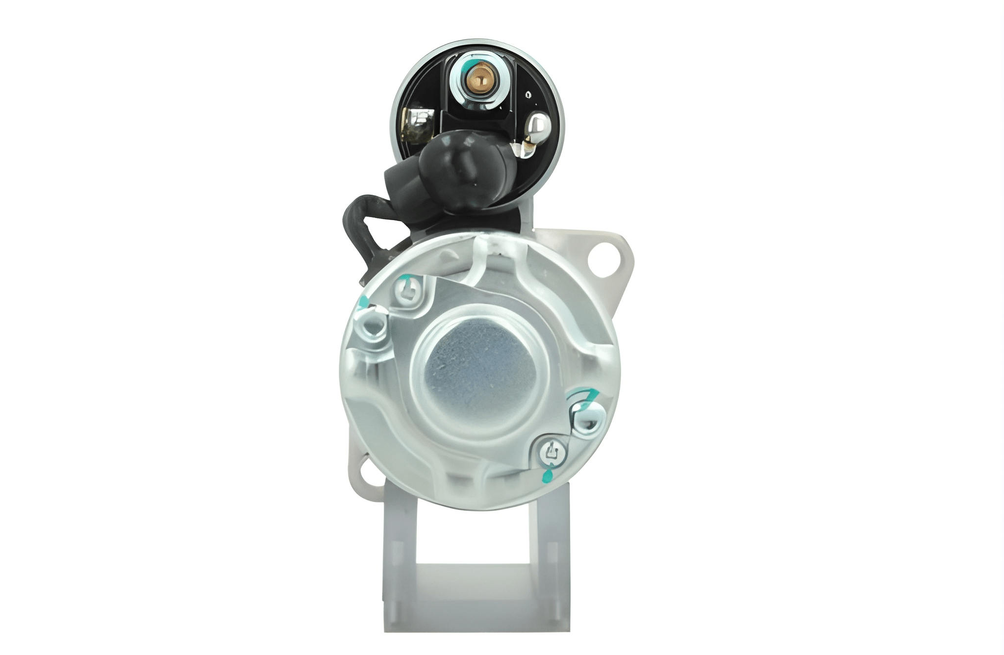 rear view of A new 12V 0.8KW Yanmar starter motor with a silver and black color scheme, featuring a 66 mm spigot and 8 teeth.