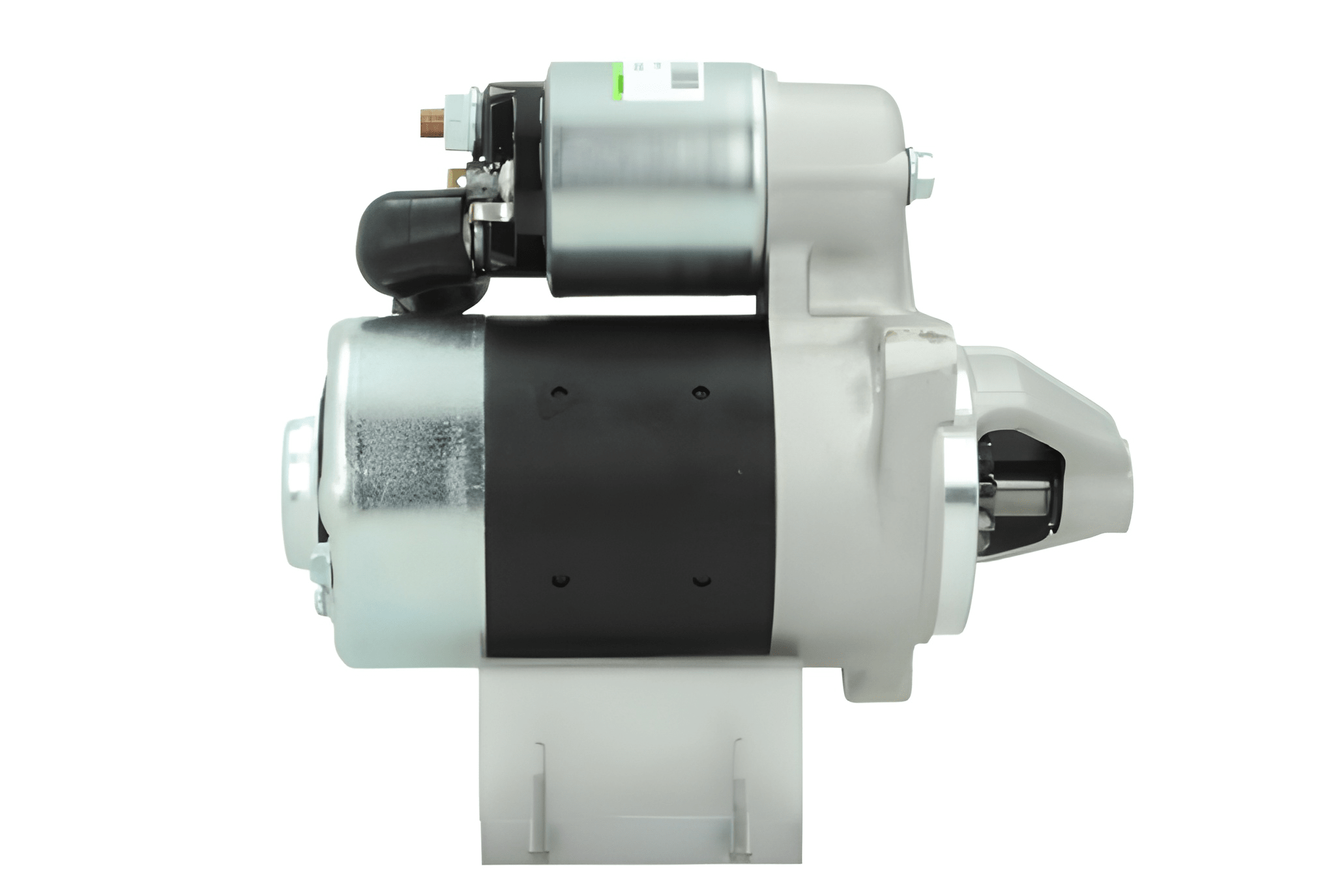 side view of A new 12V 0.8KW Yanmar starter motor with a silver and black color scheme, featuring a 66 mm spigot and 8 teeth.
