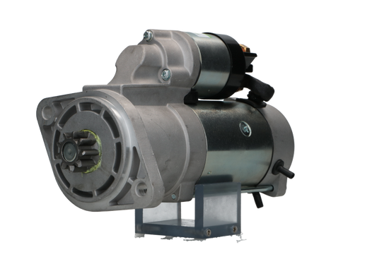 A new 12V Deutz-Fahr Khd 3.2 kw starter motor with a metal body, 9 teeth, electrical connectors, and mounting points visible.