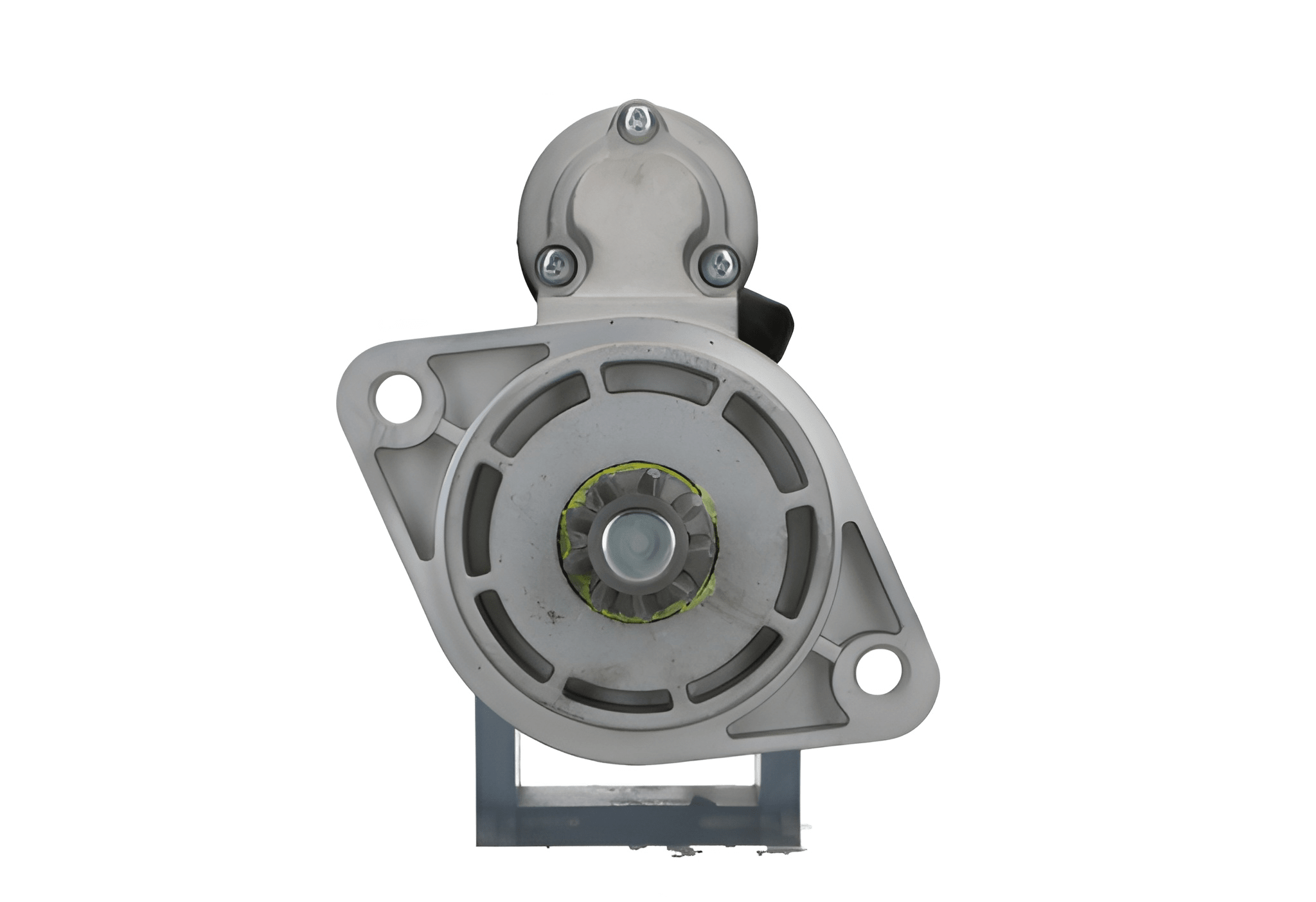 front view of A new 12V Deutz-Fahr Khd 3.2 kw starter motor with a metal body, 9 teeth, electrical connectors, and mounting points visible.