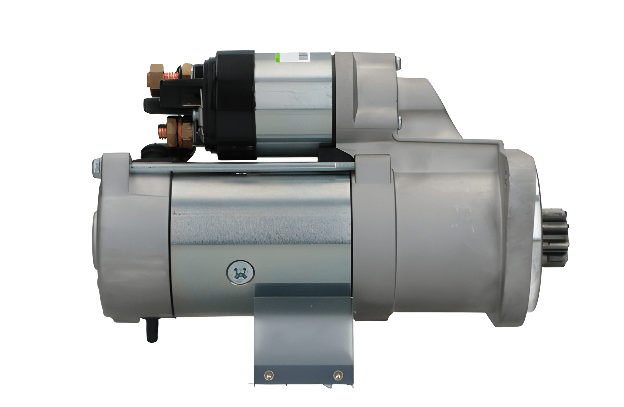side view of A new 12V Deutz-Fahr Khd 3.2 kw starter motor with a metal body, 9 teeth, electrical connectors, and mounting points visible.