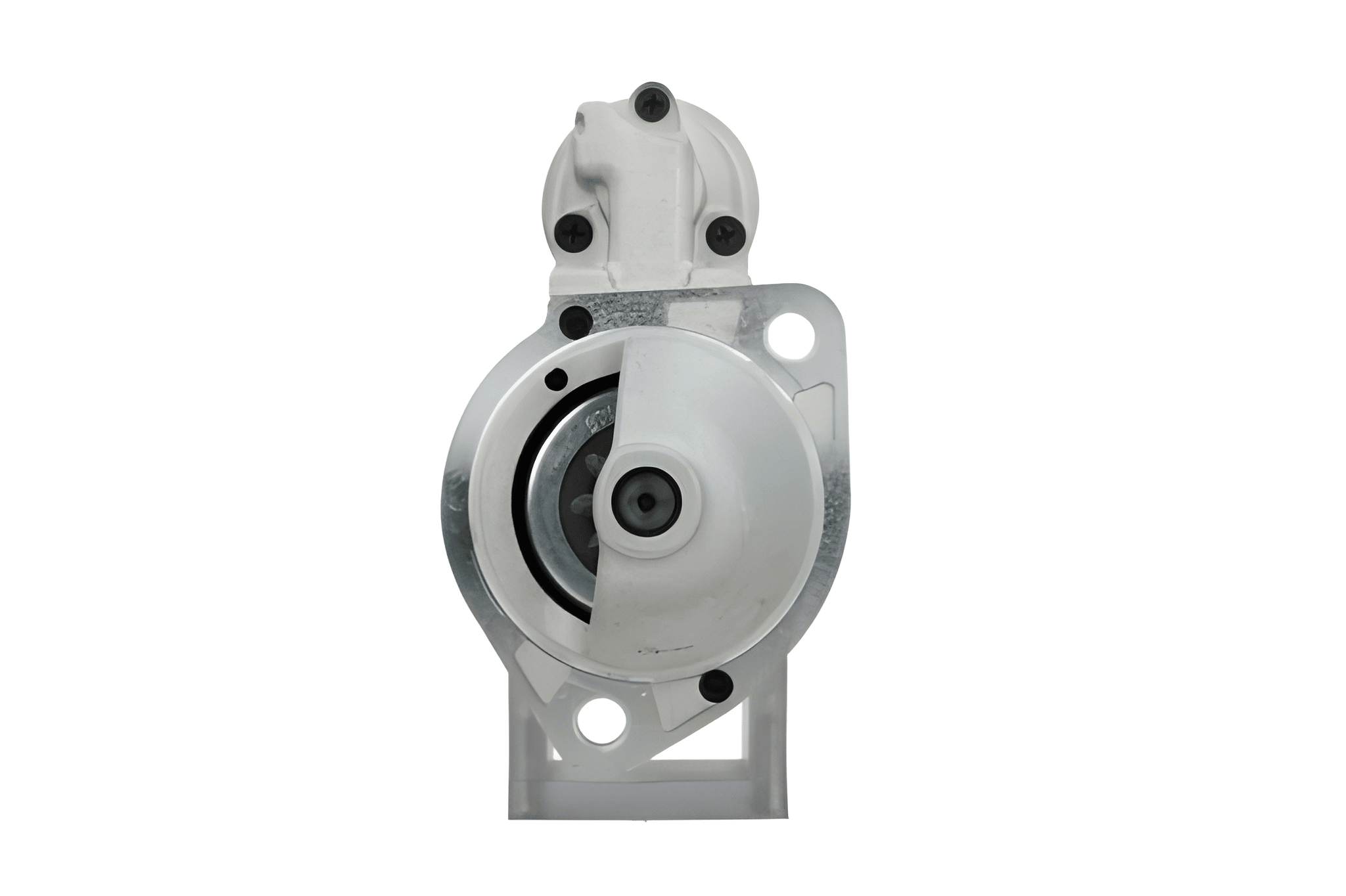 front view of A new 12V Deutz starter motor with 2.3 kW power rating and 9 teeth, visible mounting points, and electrical connectors.