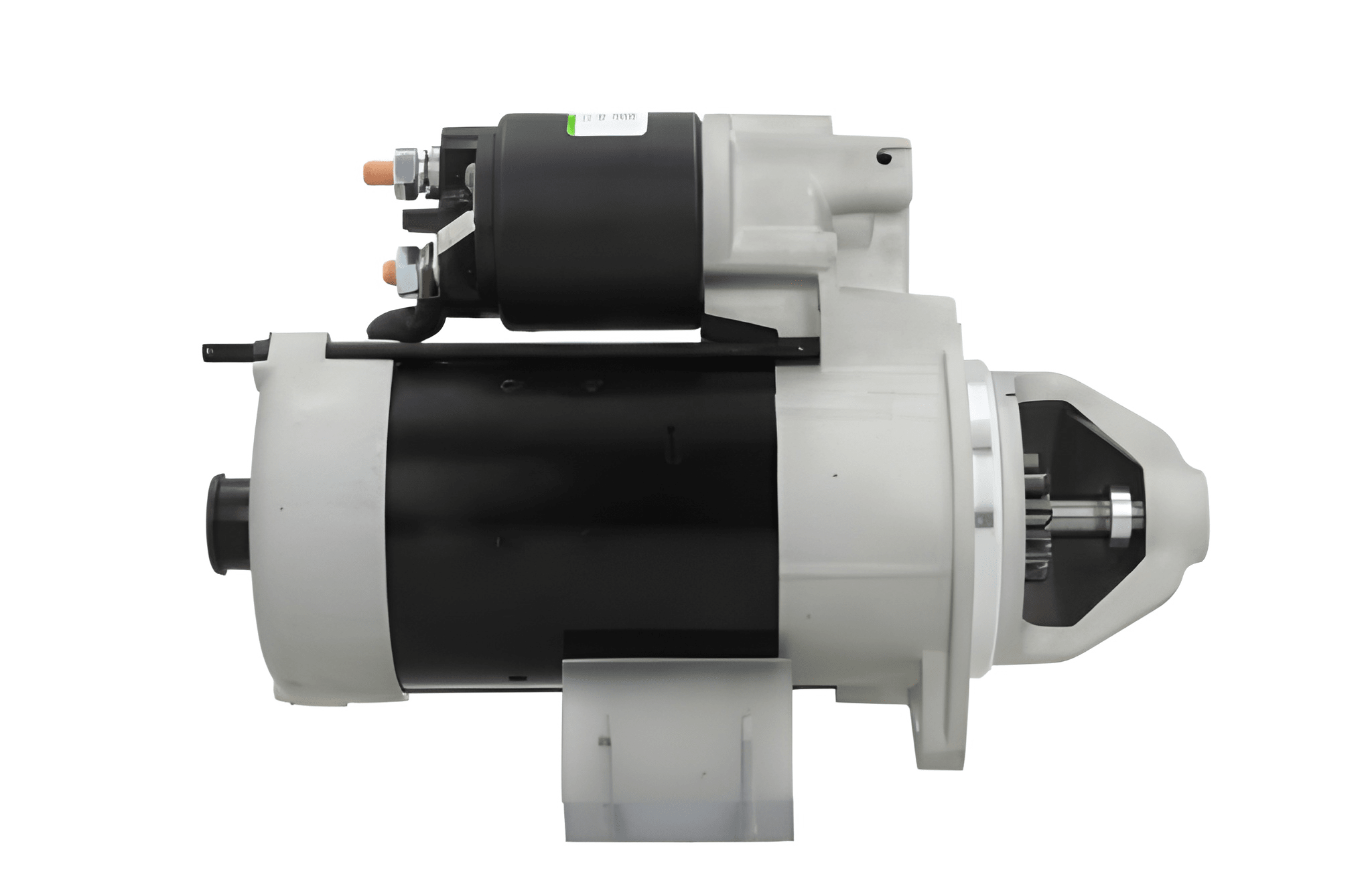 side view of A new 12V Deutz starter motor with 2.3 kW power rating and 9 teeth, visible mounting points, and electrical connectors.
