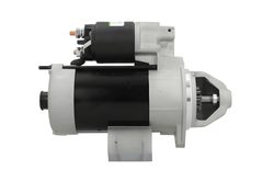 side view of A new 12V Deutz starter motor with 2.3 kW power rating and 9 teeth, visible mounting points, and electrical connectors.