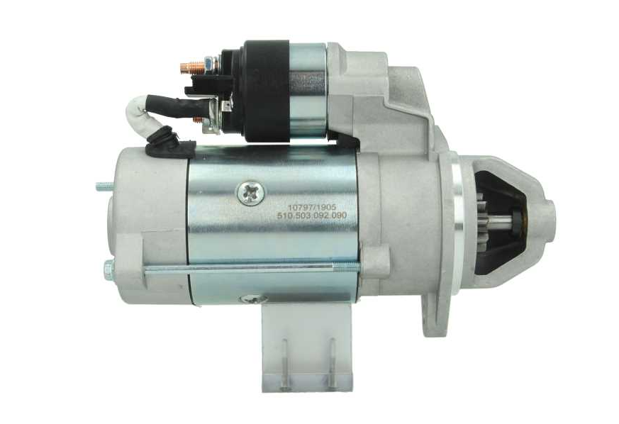 side view of a new 12V Deutz Fahr KHD 2.6 kw starter with a silver and gray color. comes with 9 teeth