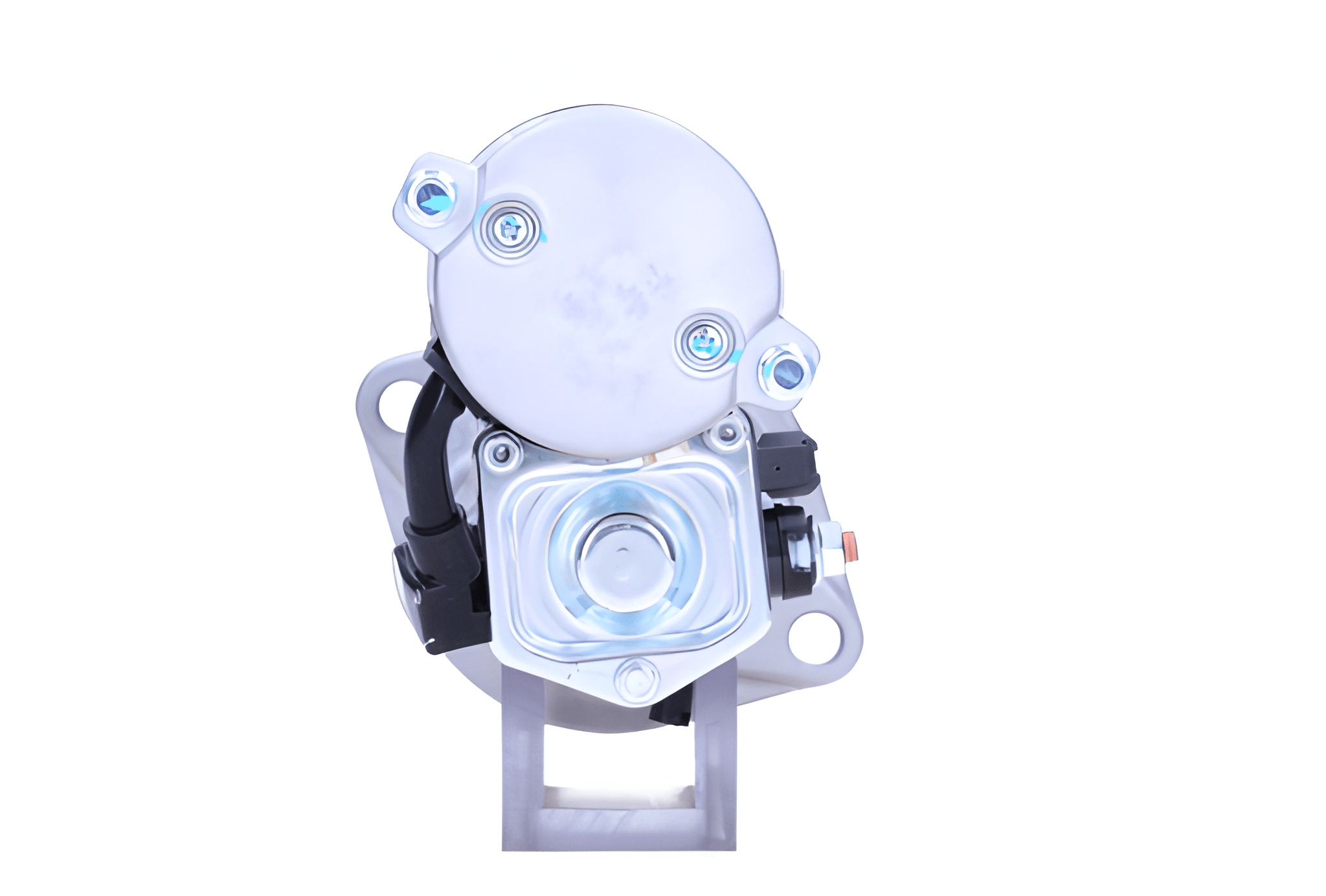 back view of A 12v new starter motor 2.2KW for Isuzu and opel / vauxhall vehicles, 9 teeth showing the front view with a silver and black color scheme