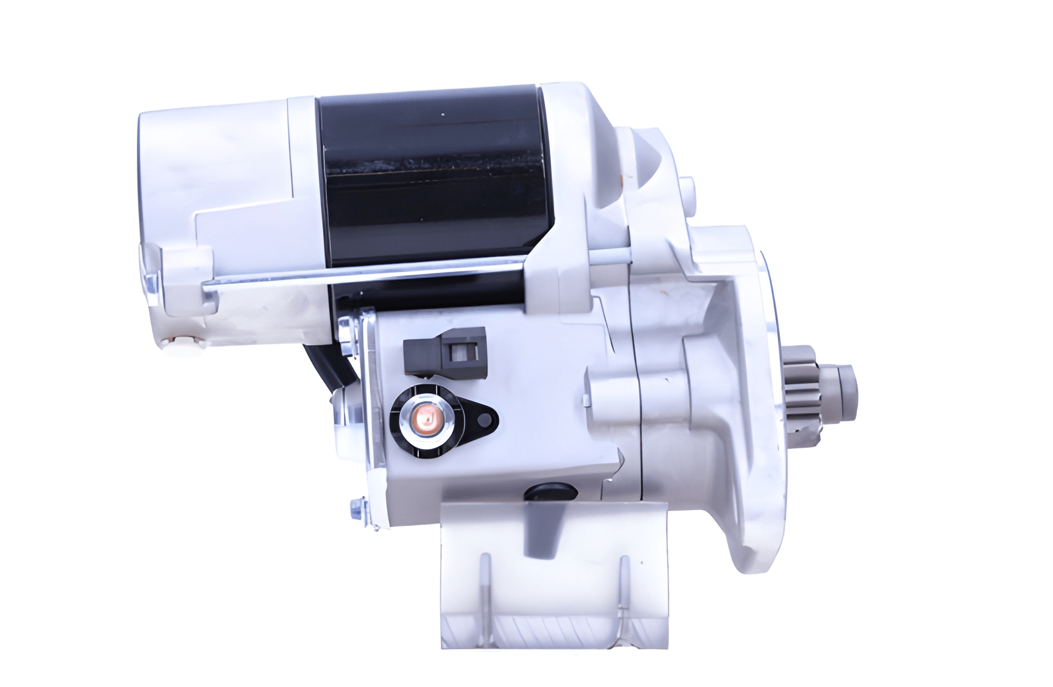 side view of A 12v new starter motor 2.2KW for Isuzu and opel / vauxhall vehicles, 9 teeth showing the front view with a silver and black color scheme