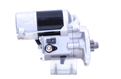 side view of A 12v new starter motor 2.2KW for Isuzu and opel / vauxhall vehicles, 9 teeth showing the front view with a silver and black color scheme