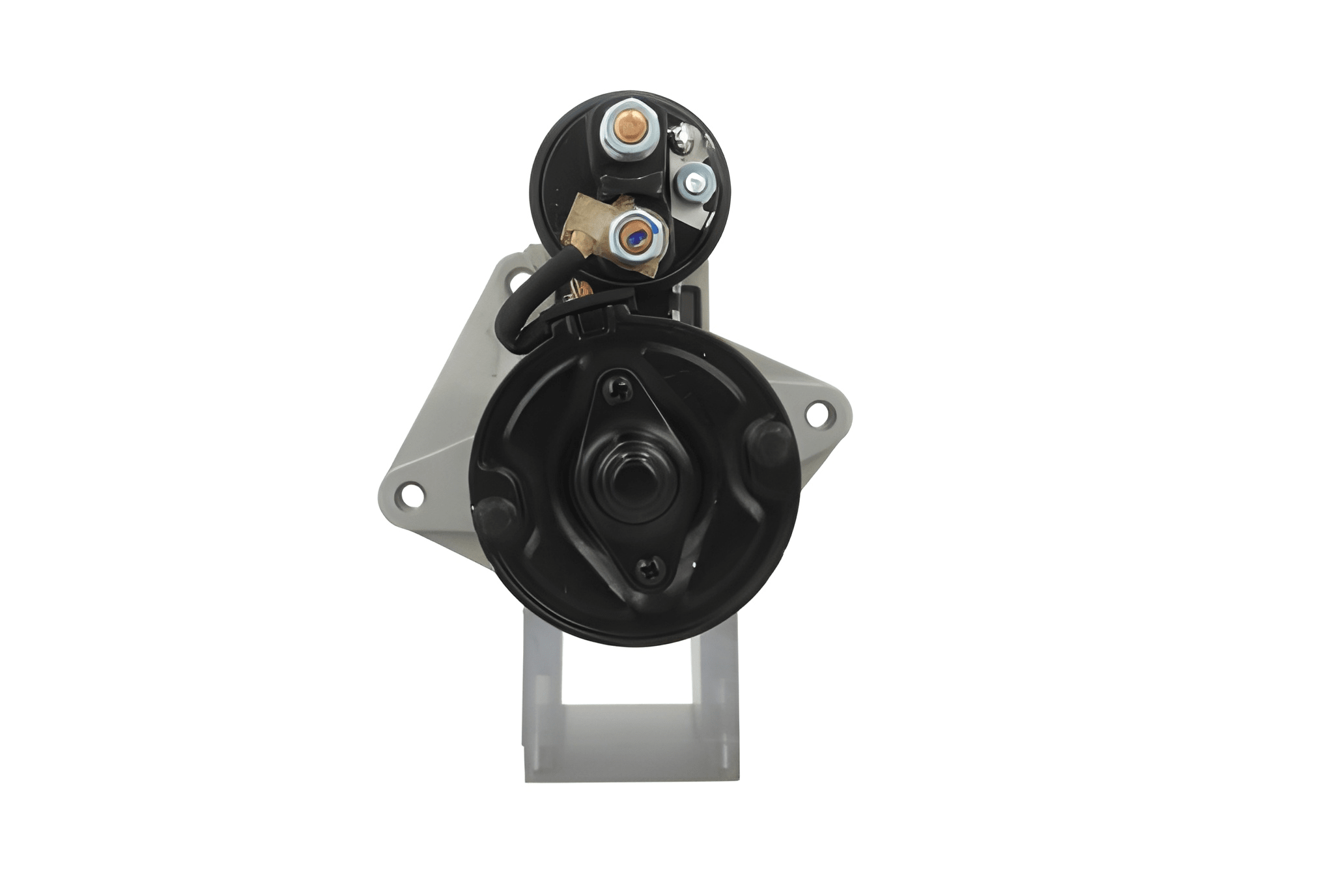 back view of A new 12V starter motor with a 2.5KW power rating, built for Renault, Mitsubishi and Iveco trucks, with metal and electrical components visible.