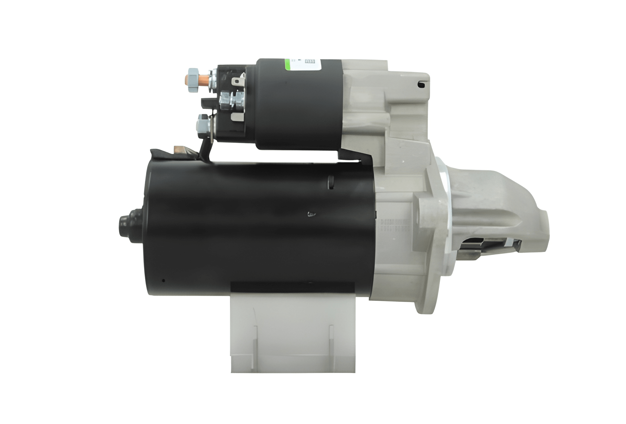 side view of A new 12V starter motor with a 2.5KW power rating, built for Renault, Mitsubishi and Iveco trucks, with metal and electrical components visible.
