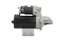 side view of A new 12V starter motor with a 2.5KW power rating, built for Renault, Mitsubishi and Iveco trucks, with metal and electrical components visible.