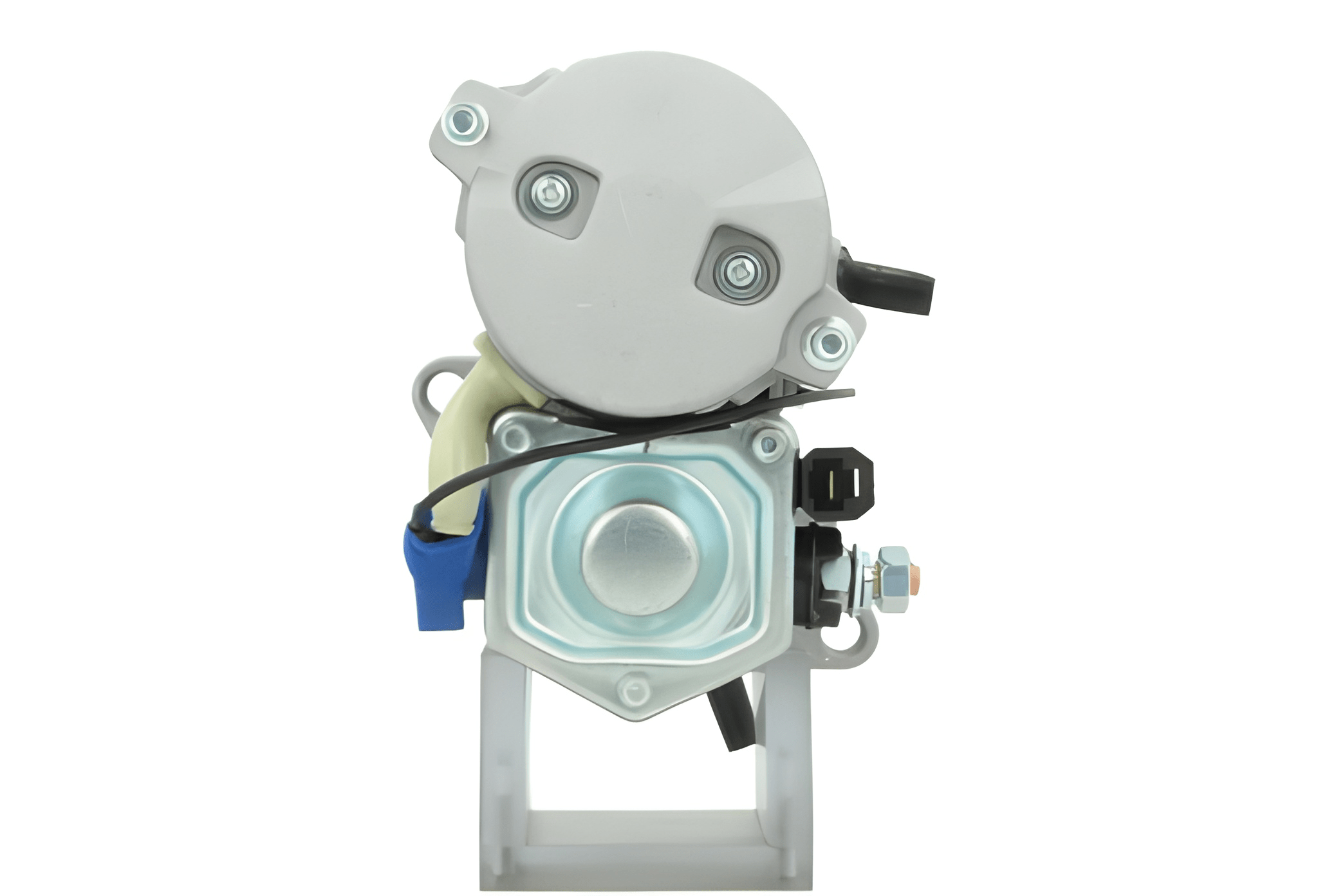 back side view of A new 12V Kubota starter motor with a silver and gray color, 1.2KW and 9 teeth featuring various electrical connectors and mounting points.