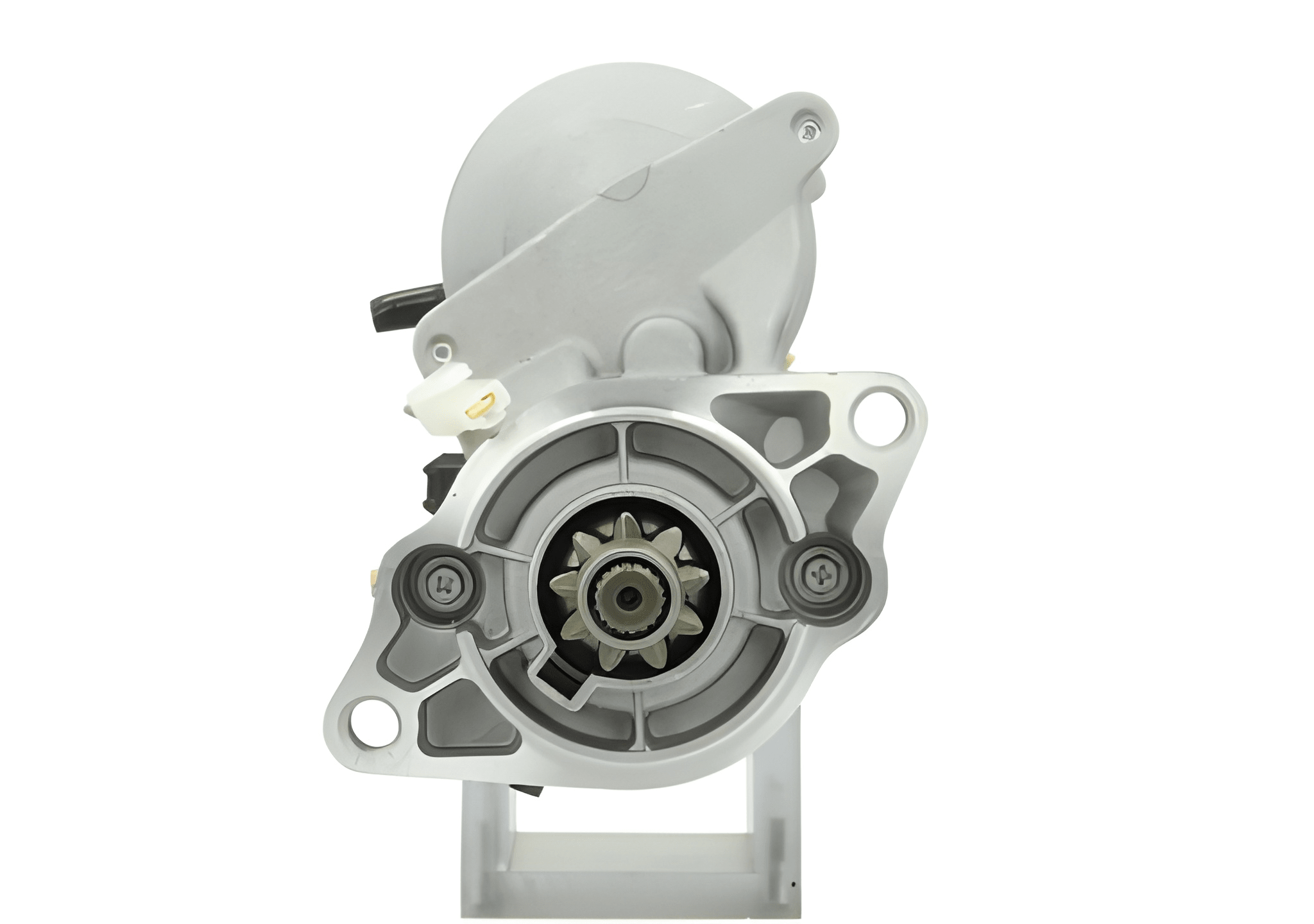 front view of A new 12V Kubota starter motor with a silver and gray color, 1.2KW and 9 teeth featuring various electrical connectors and mounting points.