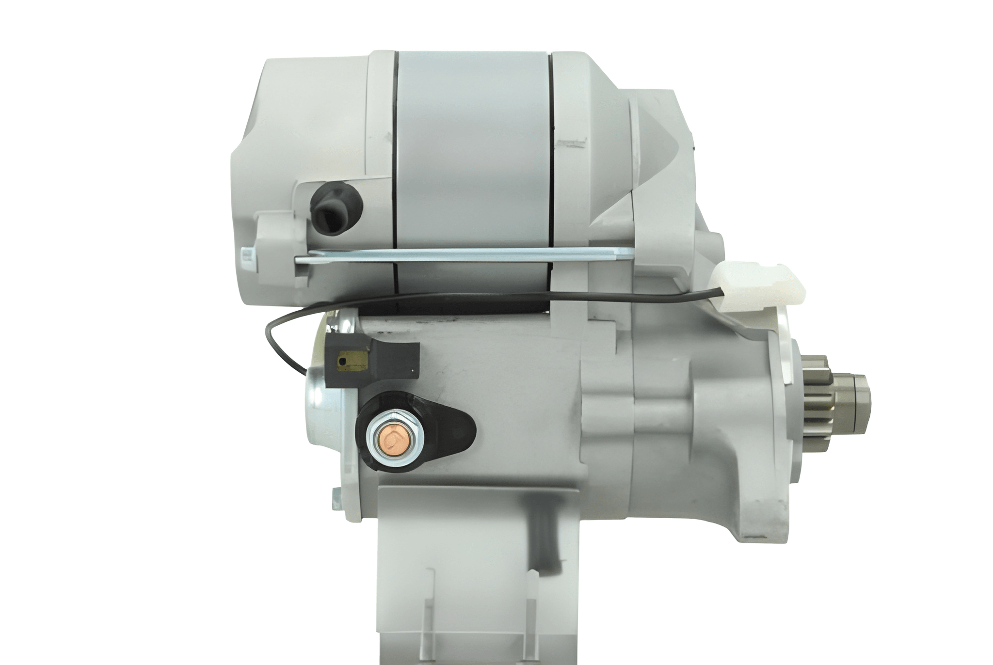 side view of A new 12V Kubota starter motor with a silver and gray color, 1.2KW and 9 teeth featuring various electrical connectors and mounting points.