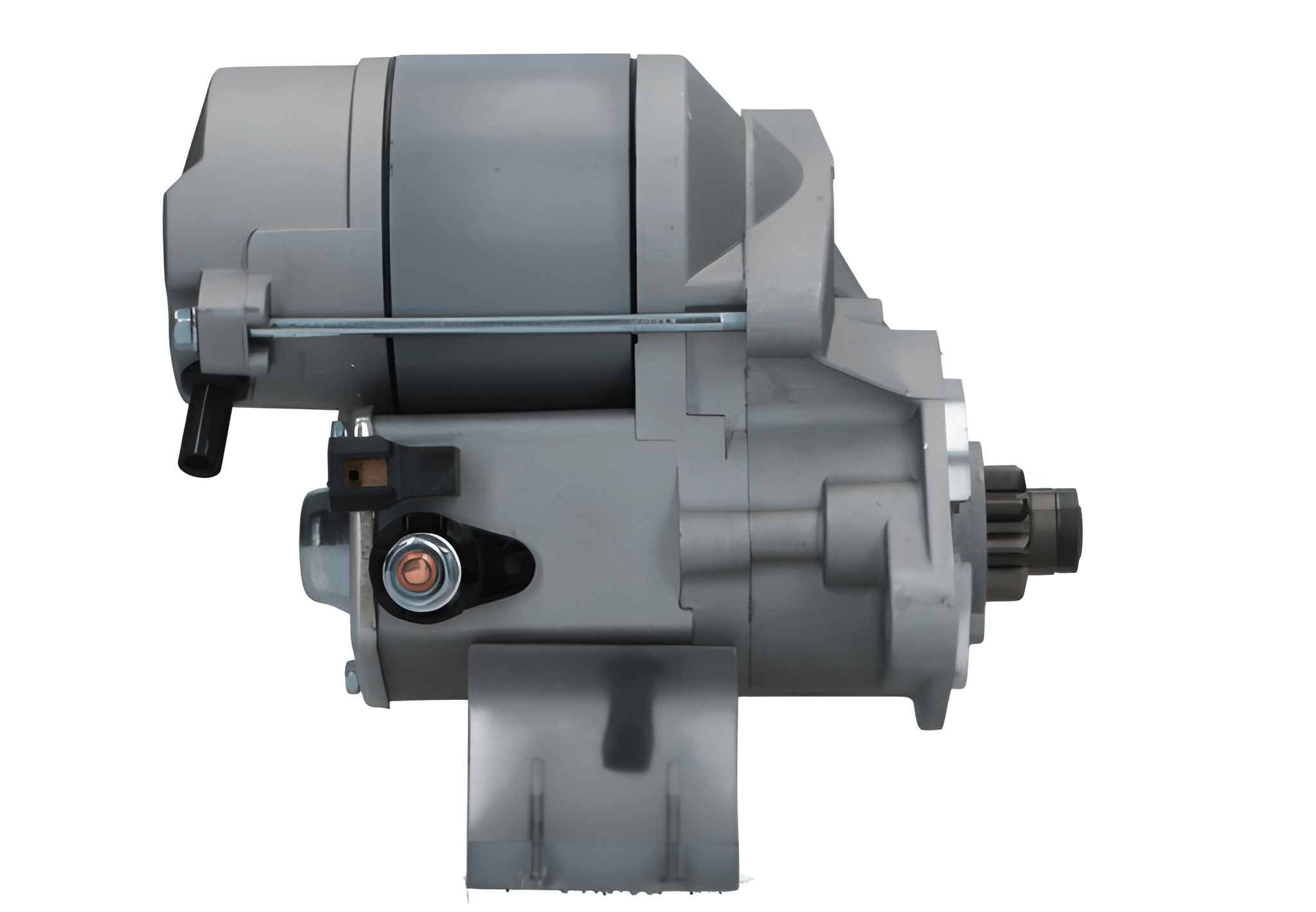 side view of a gray 12V Kubota starter motor for cars, 1.4KW power rating and 9 teeth