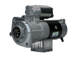 A new 12V Kubota starter motor with 3.6 kW power rating and 9 teeth, displaying metal components and electrical connectors.