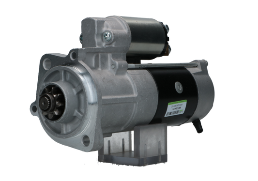 A new 12V Kubota starter motor with 3.6 kW power rating and 9 teeth, displaying metal components and electrical connectors.