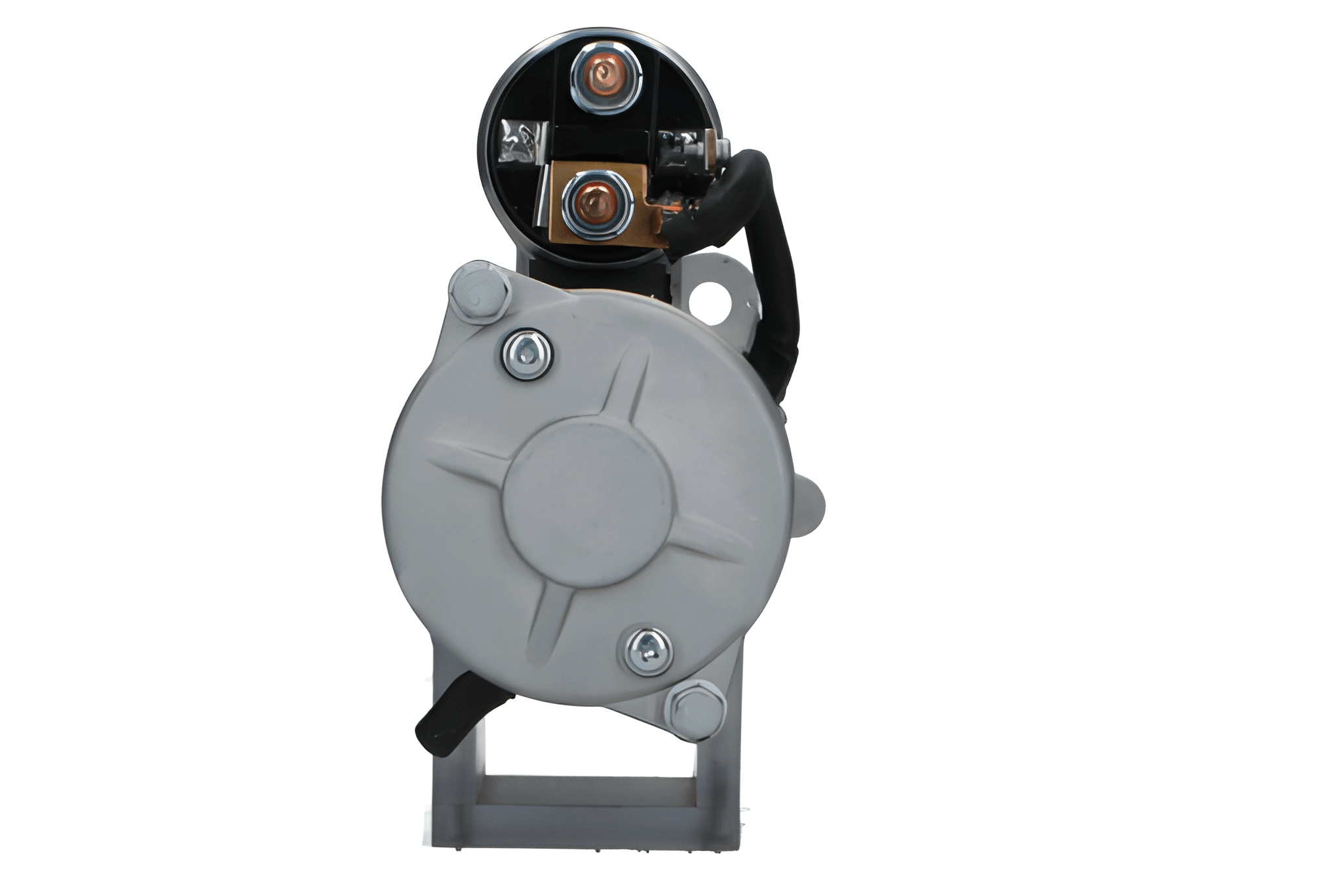back view of A new 12V Kubota starter motor with 3.6 kW power rating and 9 teeth, displaying metal components and electrical connectors.