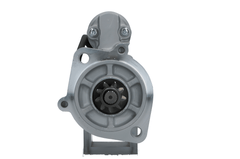 front view of A new 12V Kubota starter motor with 3.6 kW power rating and 9 teeth, displaying metal components and electrical connectors.