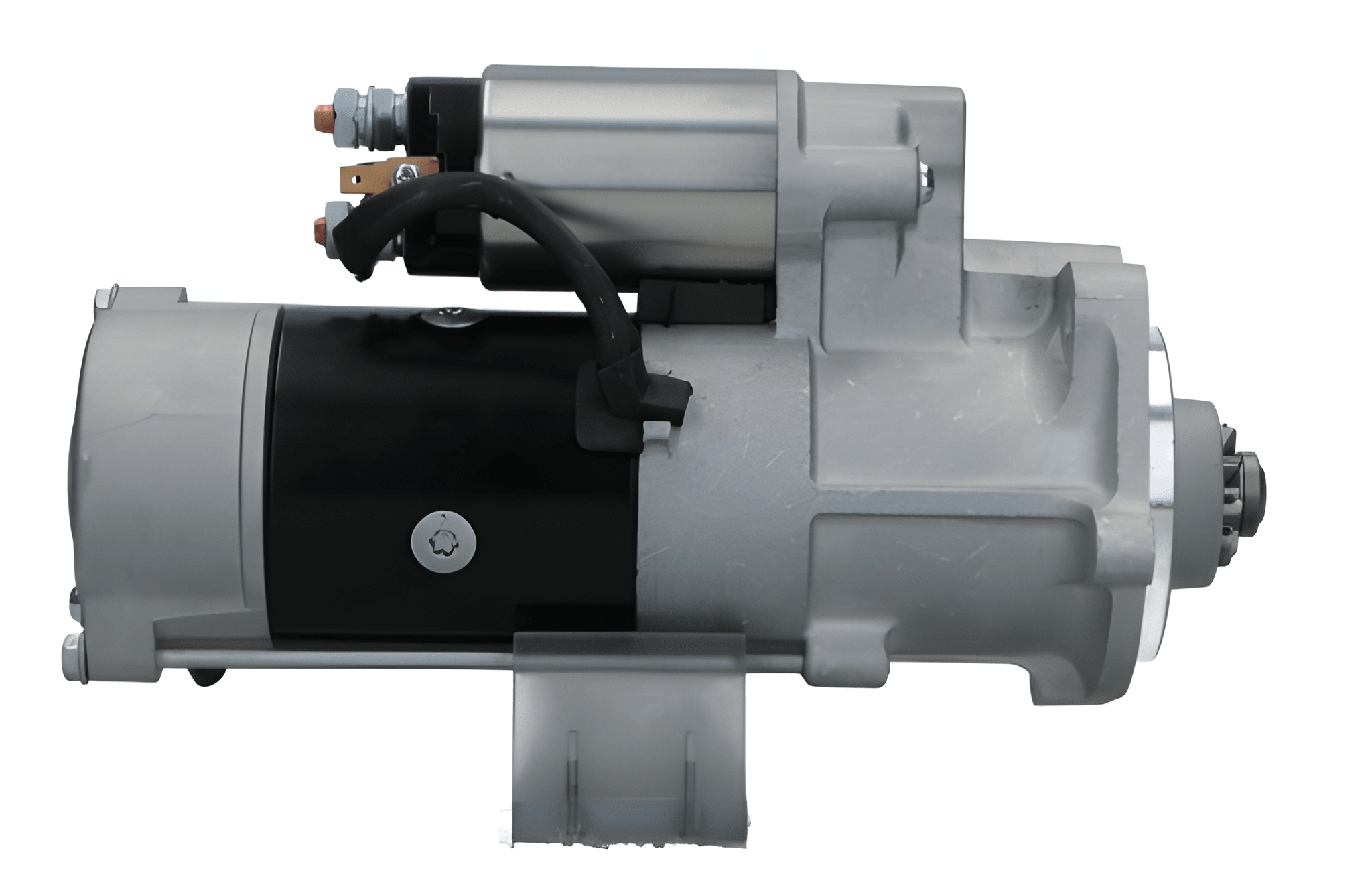 side view of A new 12V Kubota starter motor with 3.6 kW power rating and 9 teeth, displaying metal components and electrical connectors.