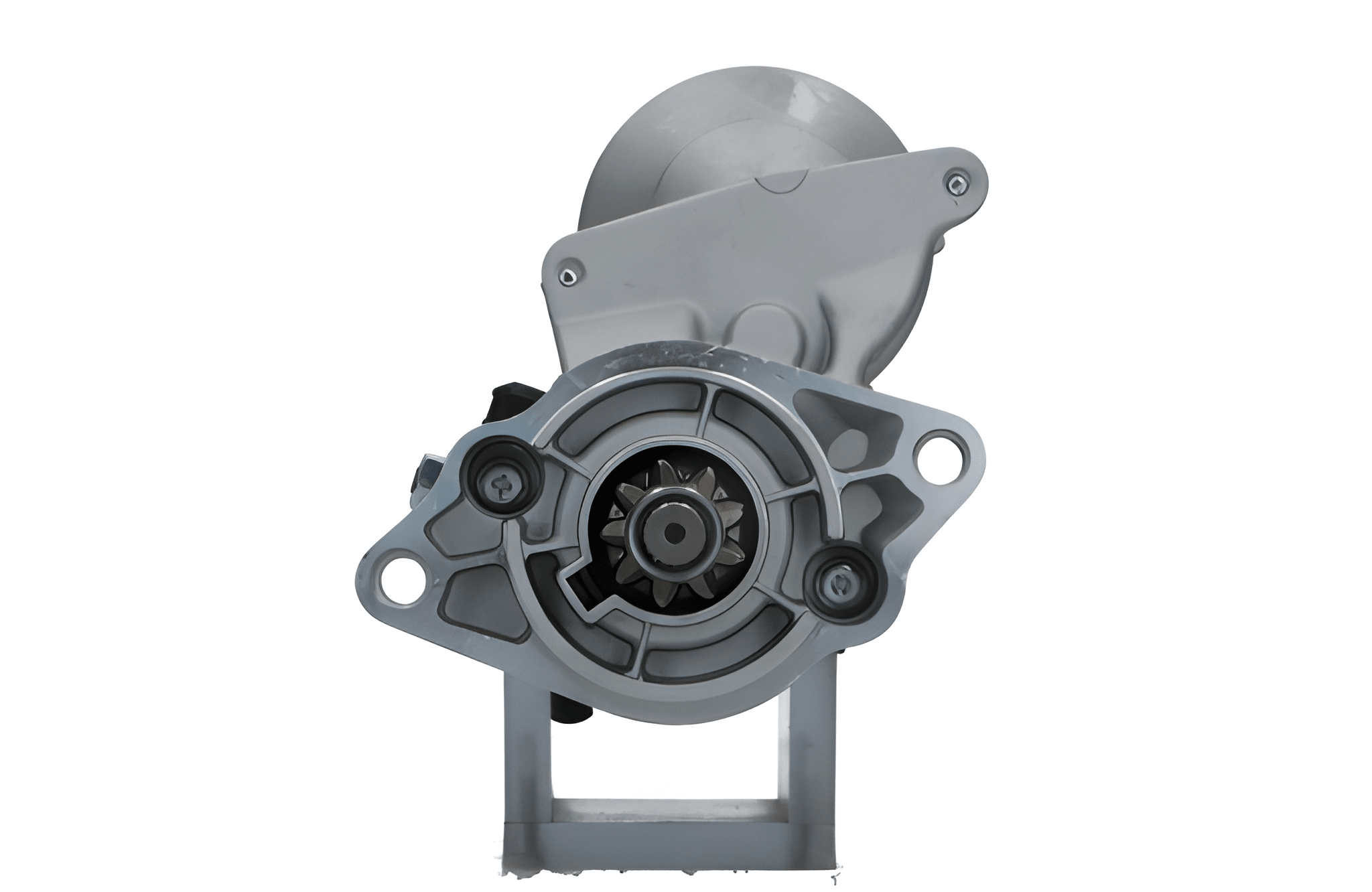 front view of A gray 12V Kubota 1.4KW starter motor for vehicles, with visible mounting points and electrical connectors.