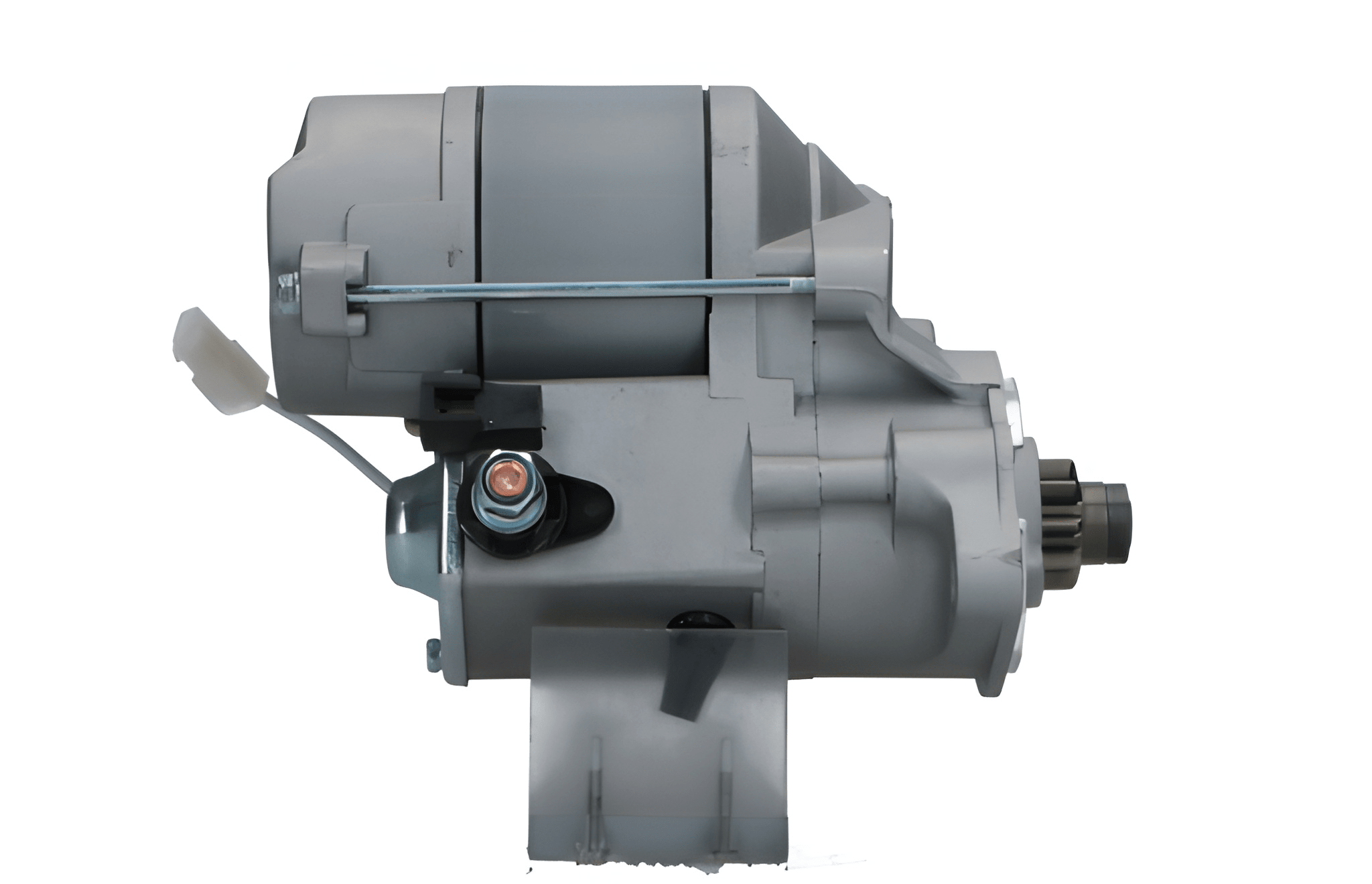 side view of a gray 12V Kubota 1.4KW starter motor for vehicles, with visible mounting points and electrical connectors.