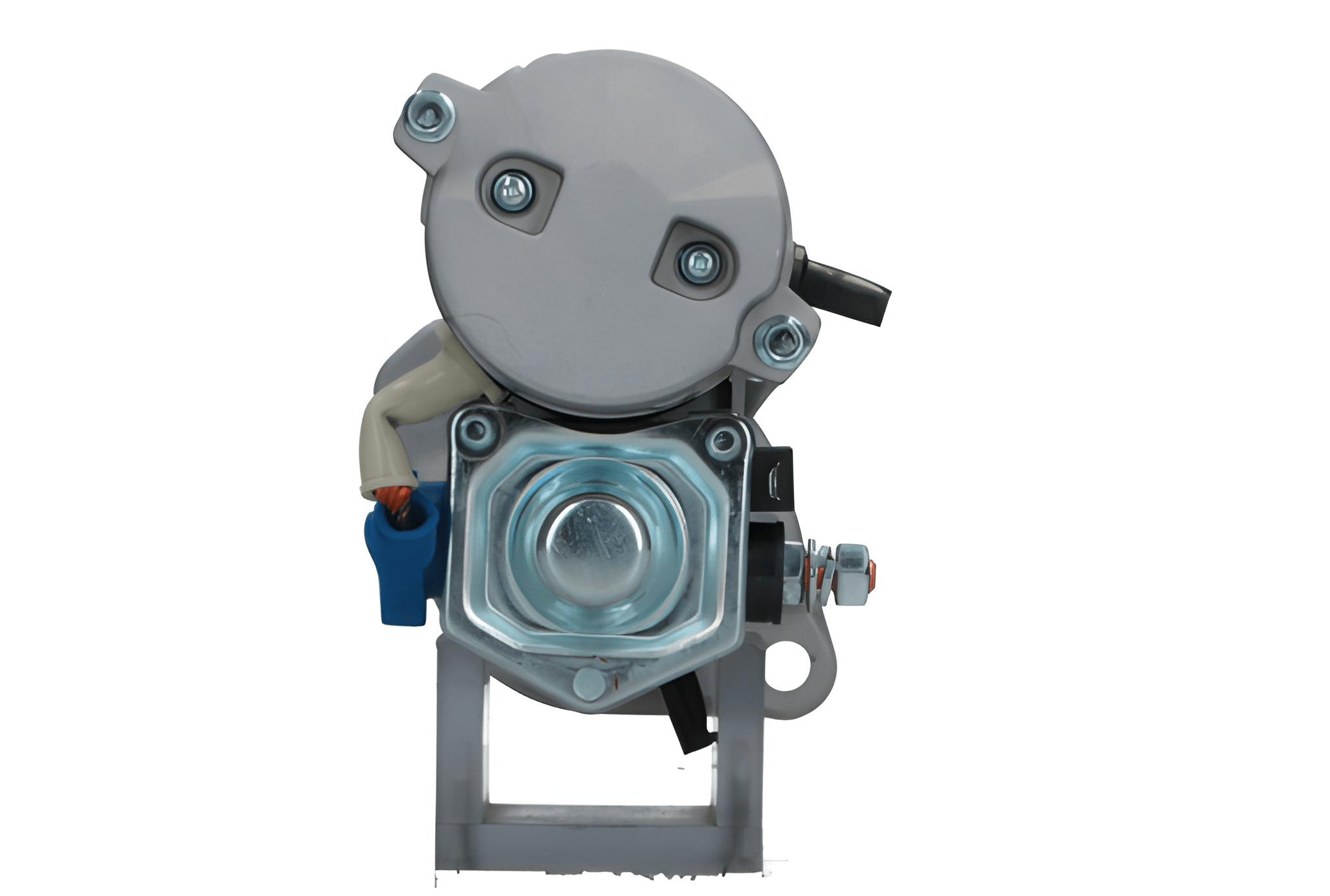 rear view of A new Kubota starter motor with a 1.4 kW power rating, showing a metallic body with electrical connectors and a label.
