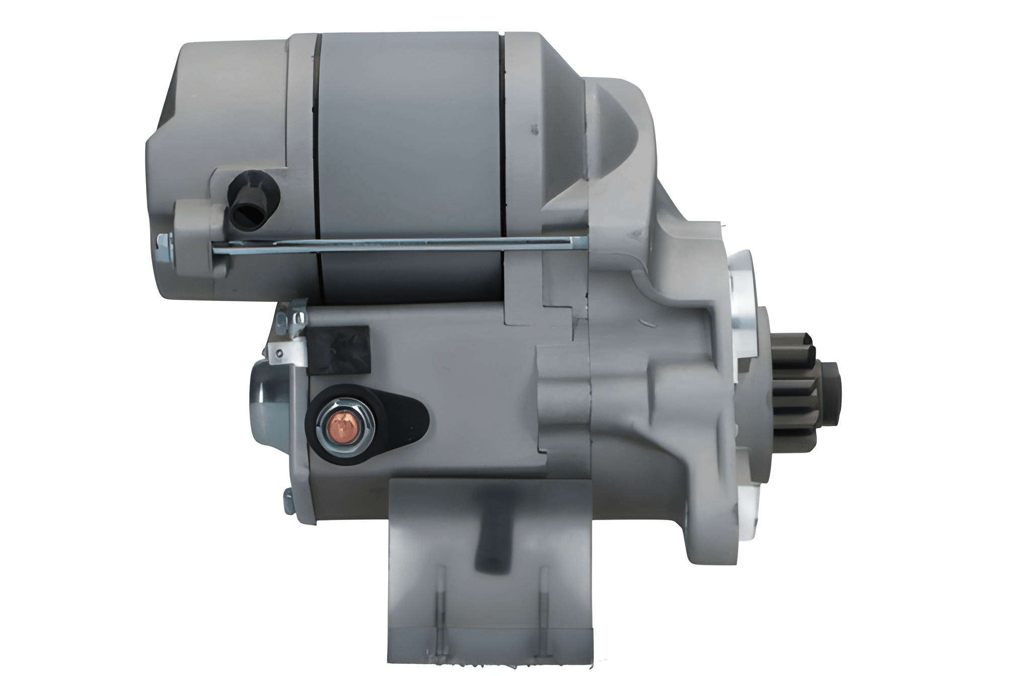 side view of A new Kubota starter motor with a 1.4 kW power rating, showing a metallic body with electrical connectors and a label.