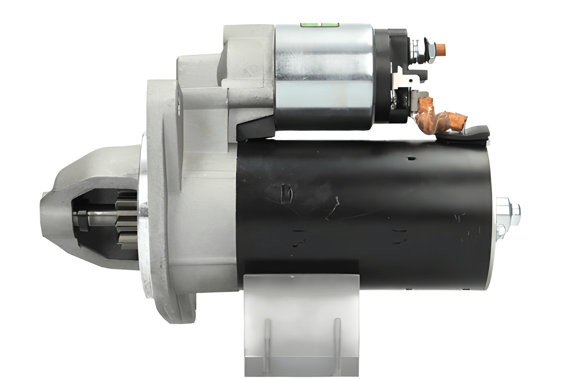 side view of A new 12V starter motor 2.2KW for Land Rover and mercedes vehicles, showcasing the metal body and electrical connectors.
