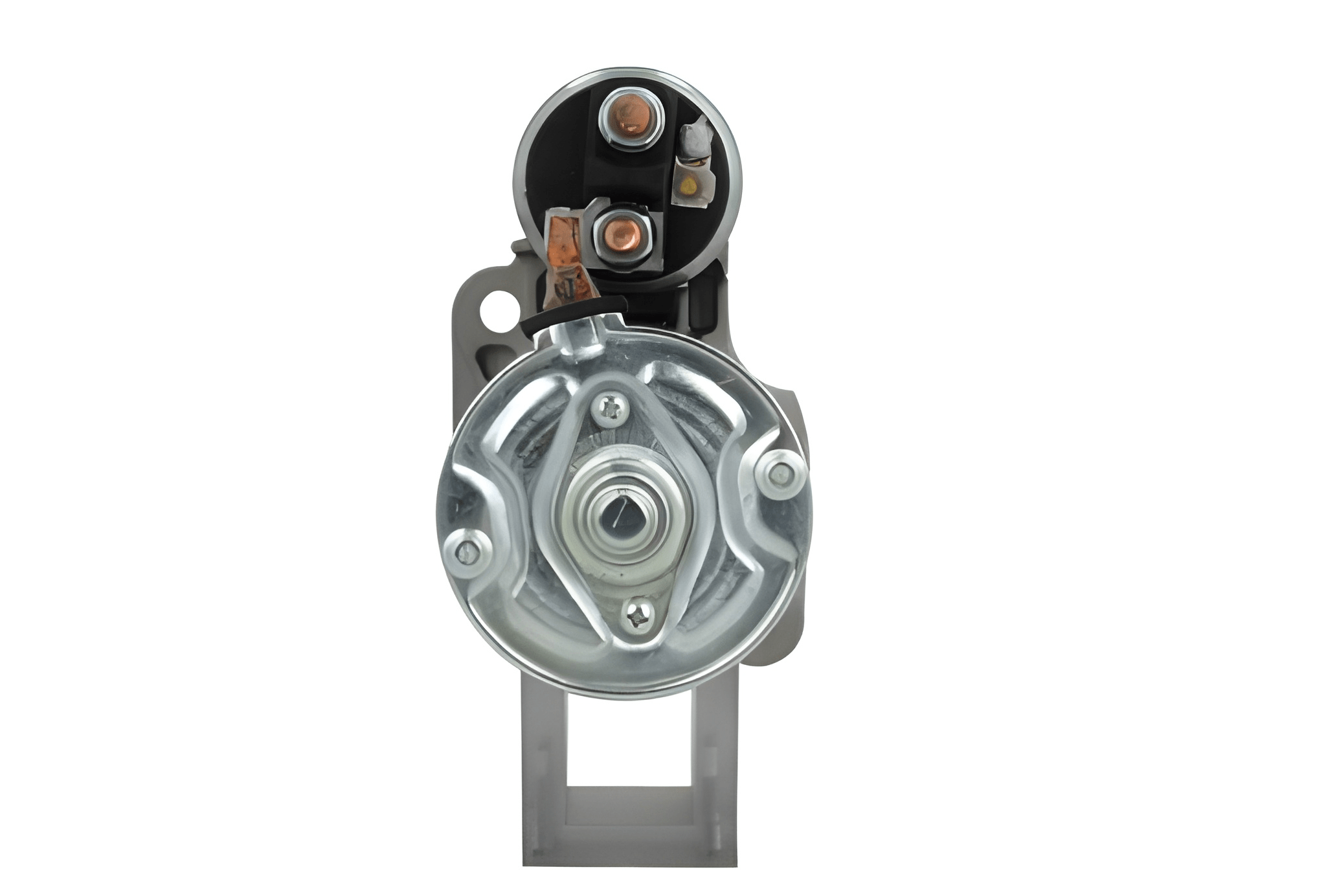 back view of A new 12V starter motor for lombardini vehicles, predominantly metal with some plastic components, with a 2.0 kw power rating and 9 teeth.