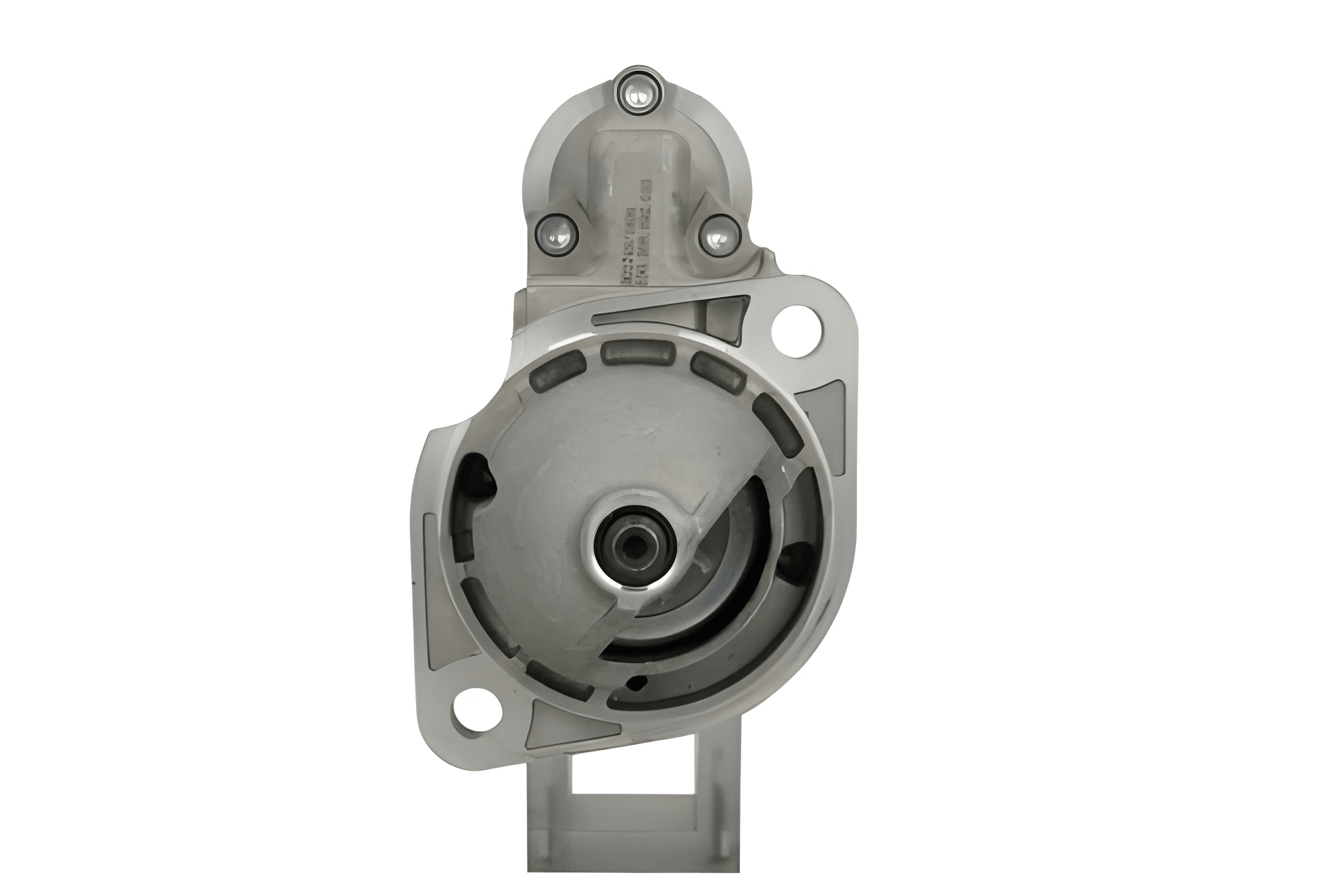 front view of A new 12V starter motor for lombardini vehicles, predominantly metal with some plastic components, with a 2.0 kw power rating and 9 teeth.