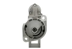 front view of A new 12V starter motor for lombardini vehicles, predominantly metal with some plastic components, with a 2.0 kw power rating and 9 teeth.