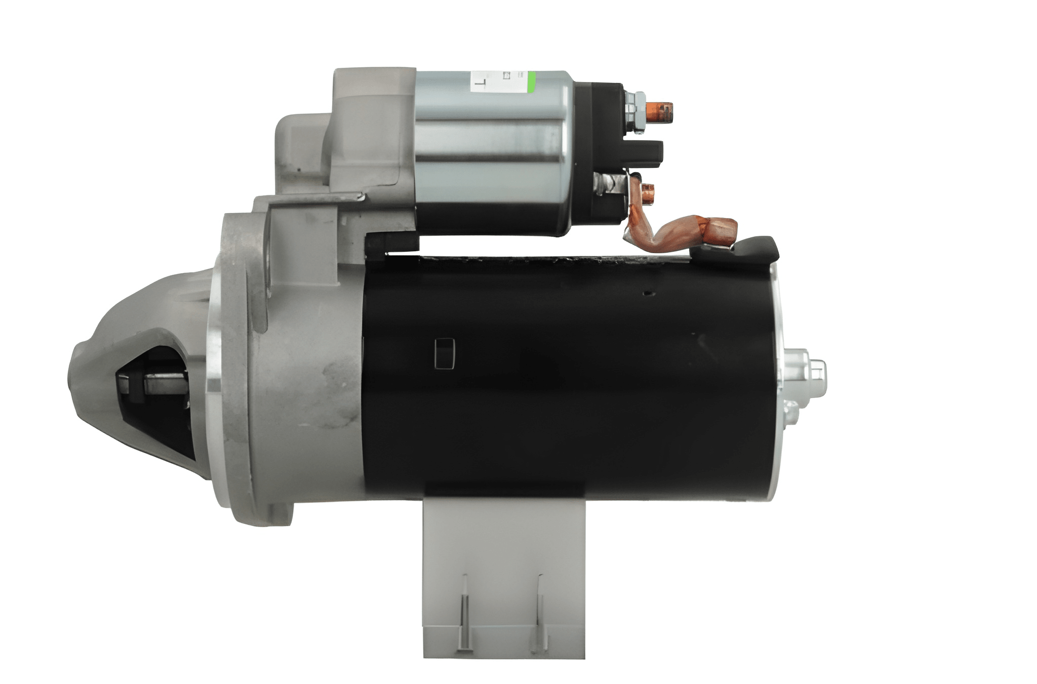 side view of A new 12V starter motor for lombardini vehicles, predominantly metal with some plastic components, with a 2.0 kw power rating and 9 teeth.